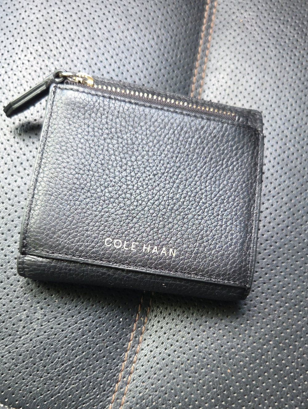 Cole Haan Black Pebbled Leather Zip Card Case